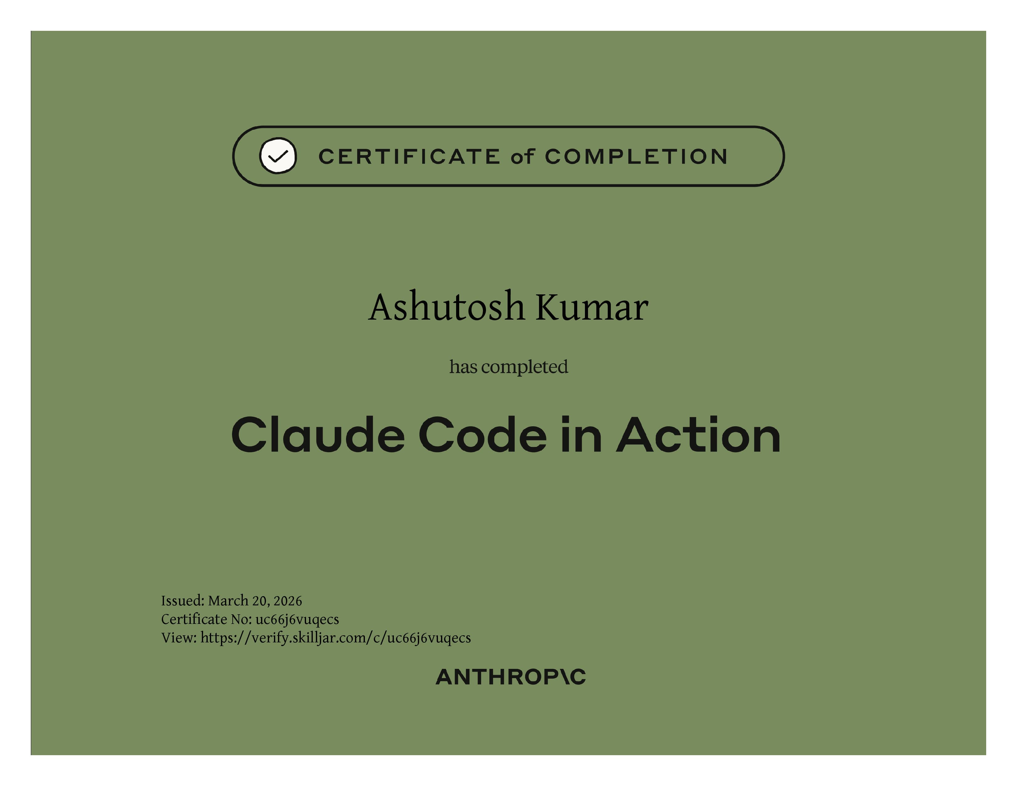 Claude Code in Action — issued by Anthropic to Ashutosh Kumar