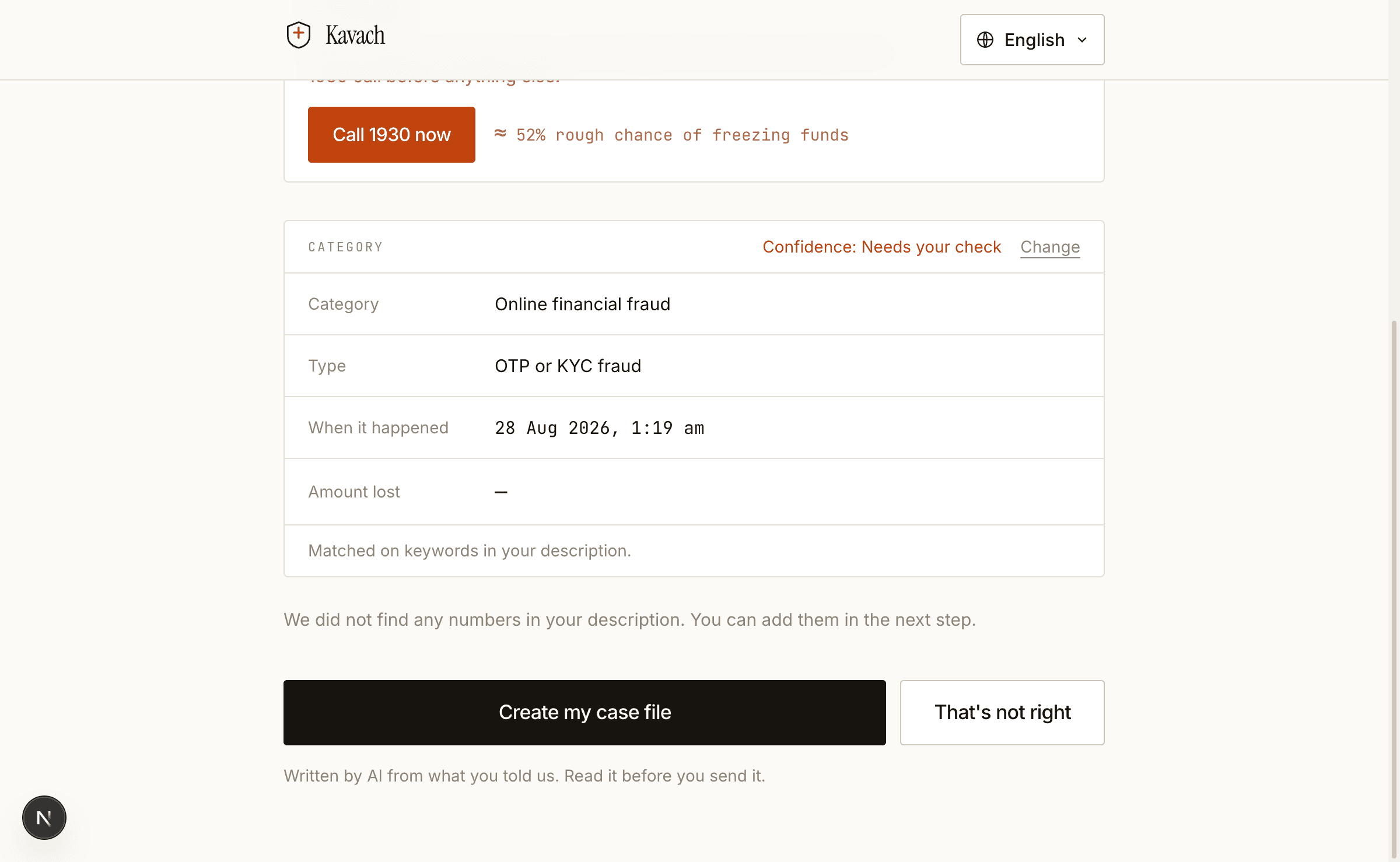 The Kavach triage screen: a spoken fraud report classified against the NCRP category tree, with the extracted identifiers and the statutory deadlines listed beside it.